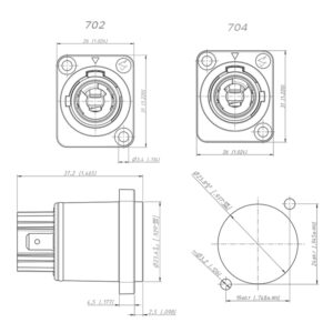 Mapa de dimensiones del enchufe impermeable de 20A con pantalla LED y conector de línea de alimentación PHLTD para luz de haz escénica