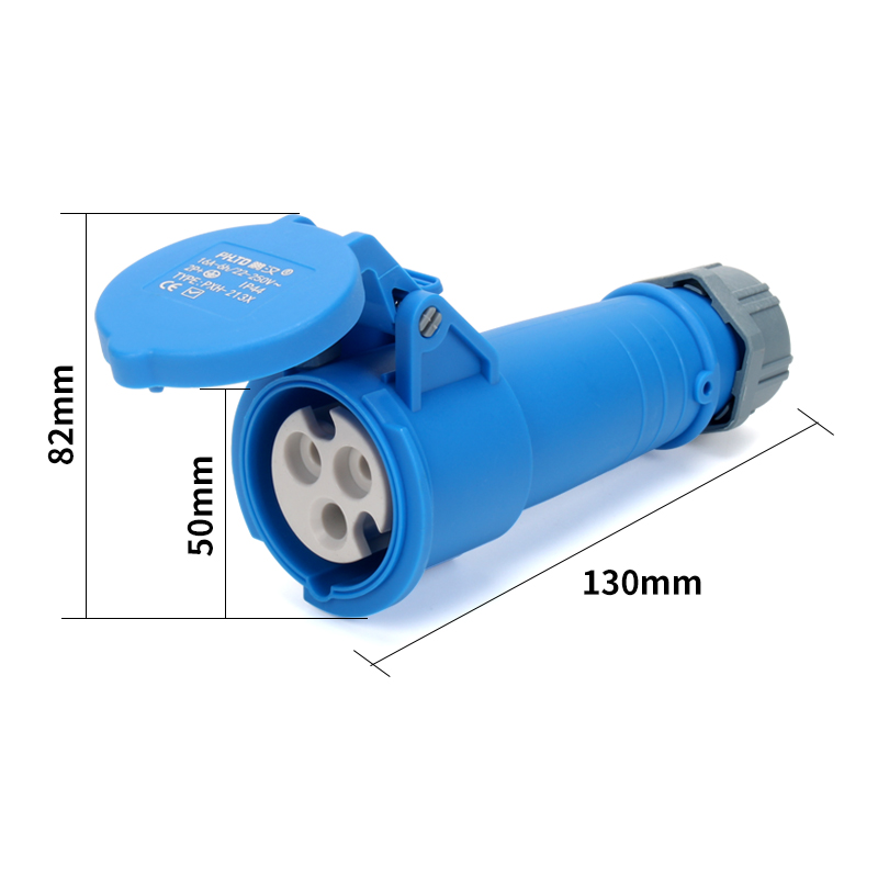 Cherchez : Connecteur industriel IP44, femelle et mâle, étanche, à 3 cœurs, 16 A, taille 82 x 130 mm.