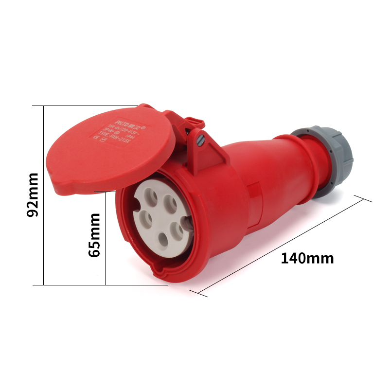 Cherchez : Connecteur industriel IP44, femelle et mâle, étanche, à 5 noyaux, 16 A, taille 92 x 140 mm.