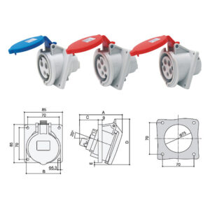 Recherchez les sockets Phltd Dark Mount à siège incliné pour alimentation électrique, avec des configurations de 3 cœurs, 4 cœurs et 5 cœurs, et des capacités de courant de 16 A et 32 A.
