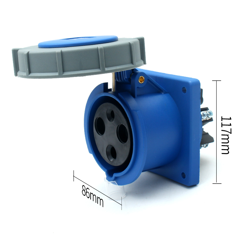 Prise de courant industrielle Phltd à grand courant, IP67 imperméable à l'eau, 3 conducteurs, 125A, noir, montage droit, taille de la base 86x117 mm