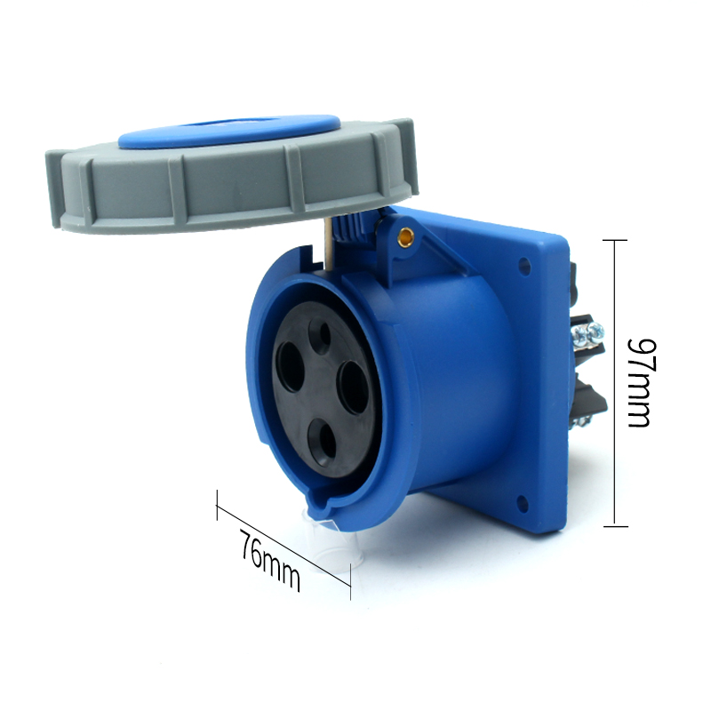 Prise de courant industrielle Phltd à grand courant, IP67 imperméable à l'eau, 3 conducteurs, 63A, noir, montage droit, taille de la base 76x97 mm