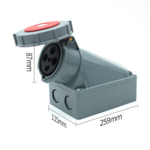 Prise de courant industrielle Phltd, à grand courant, IP67 imperméable à l'eau, à 4 cœurs, 125A, en version de prise murale encastrée, de dimensions 87x115x259mm.