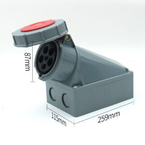 Prise de courant industrielle Phltd, à grand courant, IP67 imperméable à l'eau, à 5 cœurs, 125A, en version de prise murale encastrée, de dimensions 87x115x259mm.