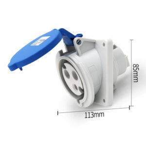 Recherchez la prise industrielle Phltd Dark Mount imperméable à l'eau, à siège incliné, avec 3 cœurs, une capacité de courant de 32 A et une taille du siège incliné de 113 x 85 mm.