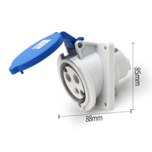 Recherchez la prise Phltd Dark Mount imperméable à l'eau, pour alimentation électrique industrielle, à siège incliné, avec 3 noyaux, une capacité de courant de 16 A et une taille du siège incliné de 88 x 85 mm.