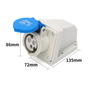 Cherchez : Prise de courant industrielle de surface de Phltd, imperméable à l'eau, 3 noyaux, 32A, avec des dimensions de 86x72x135mm.