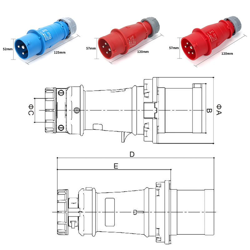 Cherchez : Prise de courant d'aviation industrielle Phltd IP44 ignifuge, 3, 4 ou 5 pôles, 16A, illustration de la taille.