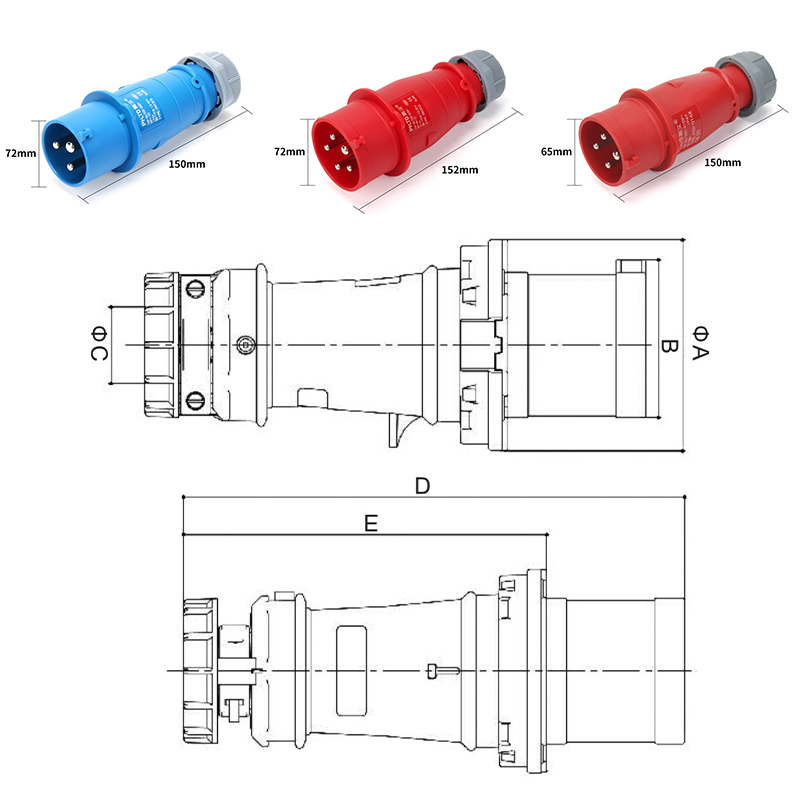 Prise de courant d'aviation industrielle Phltd IP44 ignifuge, 3, 4 ou 5 pôles, 32A, illustration de la taille.