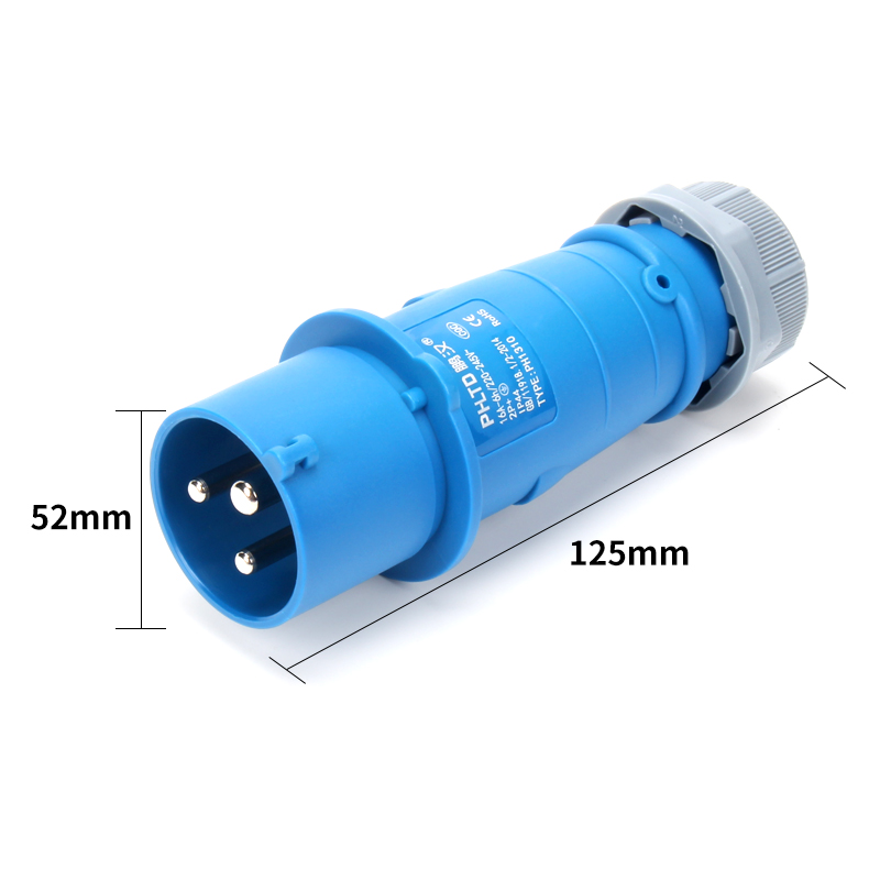 Prise de courant d'aviation industrielle Phltd IP44 ignifuge, 3 pôles, 16A, taille de la prise 52x125 mm。