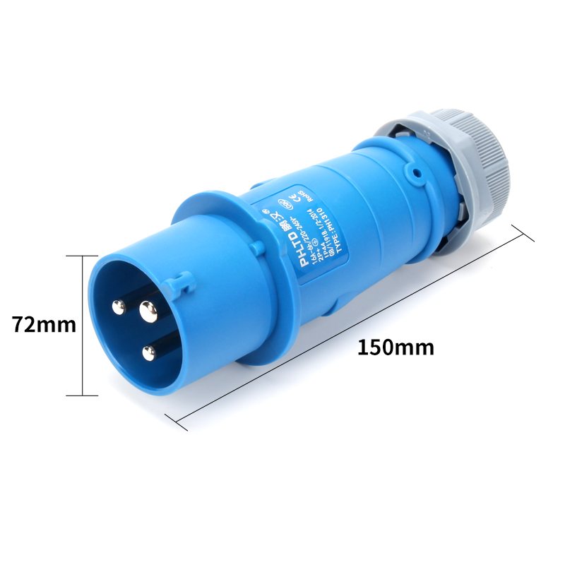 Cherchez : Prise de courant d'aviation industrielle Phltd IP44 ignifuge, 3 pôles, 32A, taille de la prise 72x150 mm.