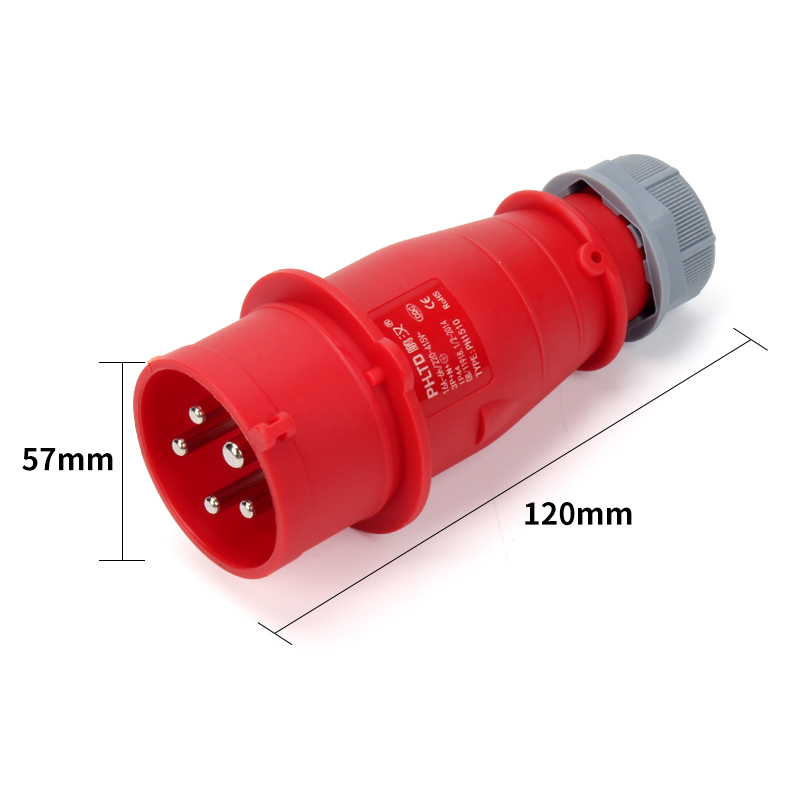 Prise de courant d'aviation industrielle Phltd IP44 ignifuge, 5 pôles, 16A, taille de la prise 57x120 mm.