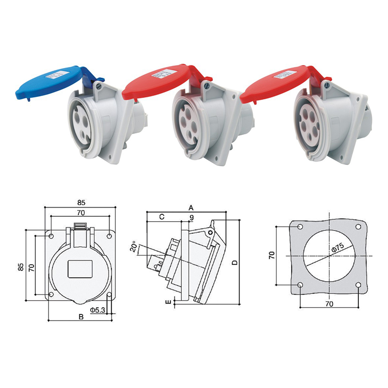 PHLTD Waterproof Power Supply Industrial Recessed Angled Socket, Available in 3-Core, 4-Core, 5-Core, 16A/32A, with Size Diagram