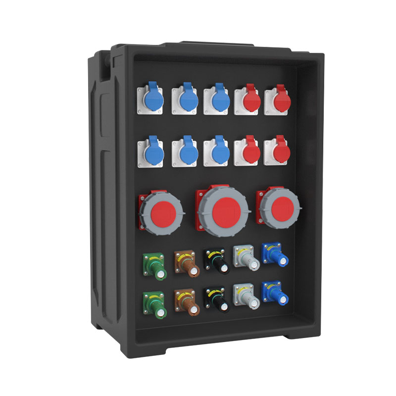 Caja de distribución PHLTD para iluminación de escenario, con 10 tomas industriales 16A, 3 salidas 32A-63A y 10 enchufes Powerlock