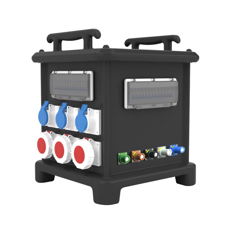 Caja de distribución móvil PHLTD, equipada con 9 tomas industriales 16A 3P, 6 tomas 32A 5P, 3 tomas 63A 5P y 5 tomas Powerlock con interruptores independientes