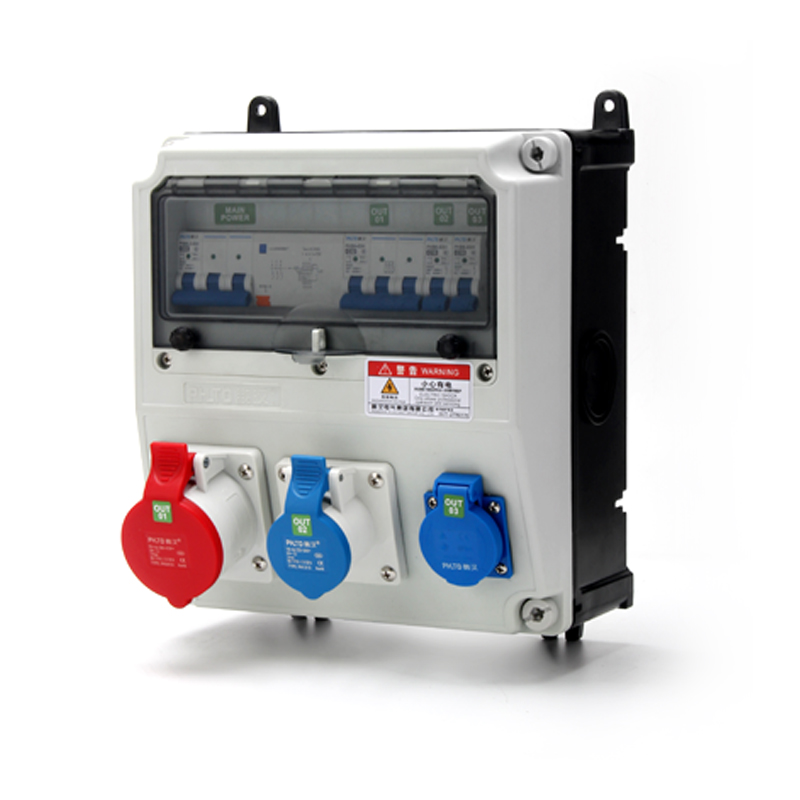 Caja de distribución de empalme PHLTD con protección contra fugas y interruptor, equipada con enchufes industriales 4P 32A y 3P 16A, tamaño 350X270X165mm