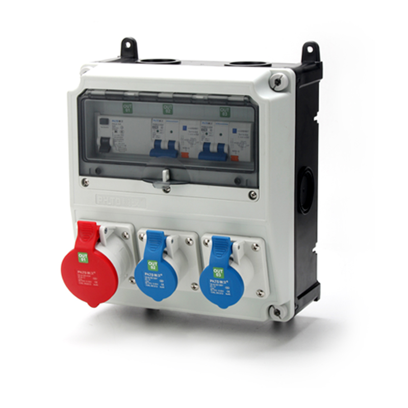 Caja de distribución de empalme PHLTD con protección contra fugas y interruptor de aire, equipada con enchufes industriales 5P 32A y 3P 16A, tamaño 350X270X165mm