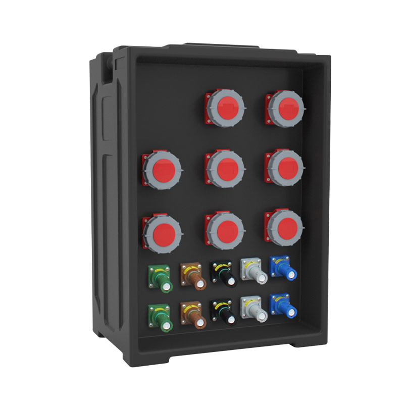 PHLTD portable stage light box with 8 industrial plugs 63A and 10 Powerlock plugs 西班牙语：Caja de luz escénica portátil PHLTD con 8 enchufes industriales de 63A y 10 enchufes Powerlock