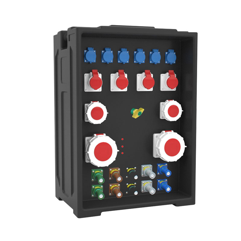 Boîte de distribution portable PHLTD pour éclairage de scène, personnalisable avec alimentation monophasée/triphasée, 6 prises Schuko, 8 prises industrielles 32A, et 10 prises Powerlock