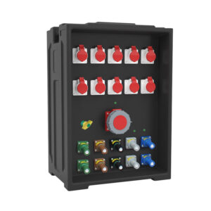 Boîte de distribution PHLTD grande et portable pour éclairage de scène, personnalisable avec dix prises industrielles IP44, une prise IP67, et dix prises Powerlock