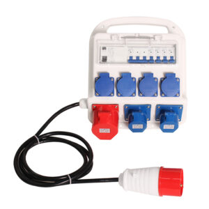 Boîte de distribution portable triphasée industrielle étanche PHLTD, avec disjoncteur et fiches et prises industrielles IP44.