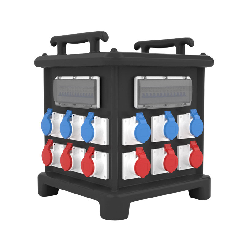 Мобильный переносной распределительный блок PHLTD с 6 розетками на 16А, 6 розетками на 32А, 1 промышленной розеткой на 63А и одним пятиконтактным штекером с отдельным выключателем.