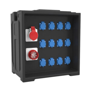 PHLTD large stage LED distribution box, equipped with 12 Schuko sockets, 1 red industrial socket, and 1 five pin plug